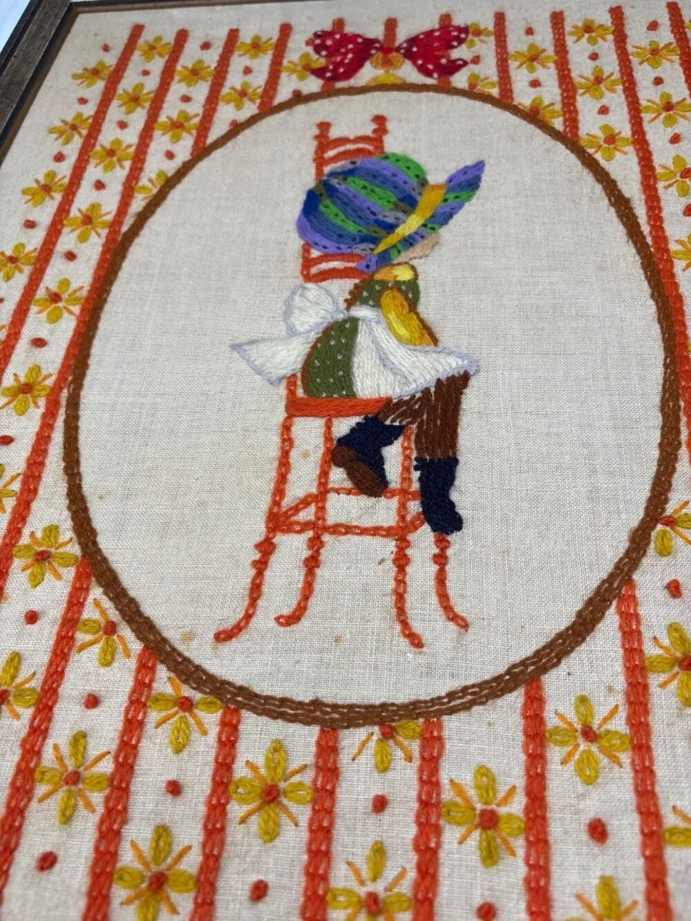 Framed Embroidered Girl on Chair Hat Bow Folk Art Wall Decor 21